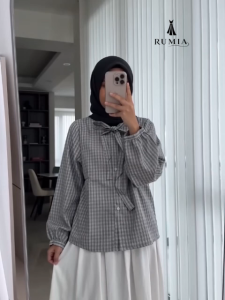 RUMIA Women Plaid Bow Tie Blouse Long Sleeve Korean Style Shirt Loose Fit Elegant Office Casual Fashion Top Grey kemeja