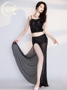 ชุดเต้นรำสไตล์ใหม่ Original Belly Dance Practice Suit Shiny Sequin Strap Top Long Skirt Performance Costume Sparkling Outfit