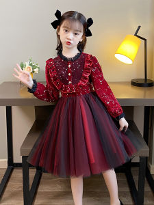 ชุดเดรสผ้ากำมะหยี่สีแดงสไตล์เจ้าหญิงสำหรับเด็กผู้หญิง เสื้อผ้าเด็ก ชุดฤดูหนาว แฟชั่นเด็ก ชุดเดรสแฟชั่นสำหรับเด็กผู้หญิง