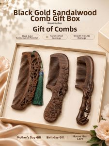 IMLUCKY | Flower-Carved Black Gold Sandalwood Smooth Hair Wooden Comb
