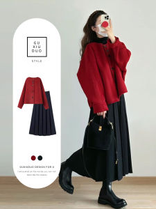 Red Outerwear Womens Dress Two-Piece Set Korean Style Autumn Winter Casual Warm Standard Fit H-Shape U-Neck Single Button Closure
