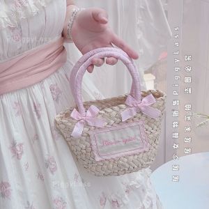 Spring Picnic Basket ~ Lolita Straw Bag Gingham Lace Embroider Handbag Hand Woven Mori Style Bows