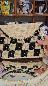 Crochet knit bag pouch wristlet squares/blocks black and white glitter design with pendant for gift/anniversary/birthday/graduation