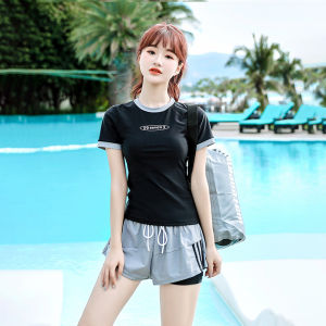 『SPRAY』Swimsuit womens new student sports belly covering slimming and conservative high-end sun protection feeling hot spring beach swimming pool special short sleeved shorts two-piece set泳衣女装Two Piece Swimsuit Short sleeved swimsuit大码泳衣女装