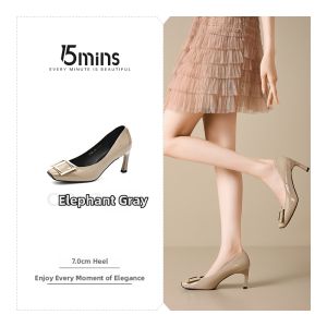 15MINS | 15 Minutes Quick Style French Square Buckle High Heels Womens Leather Nude Color Pumps