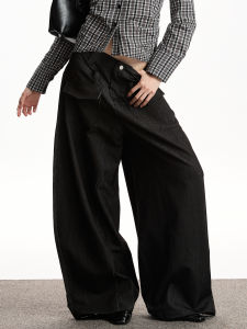 VATTY American Retro Womens Casual Pants Drapey Wide Leg Straight Cut Slimming Knife Edge Multi-Pocket Loose Fit Trousers