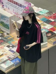 Plus Size Fat mm 150.00kg American Retro Three Bars Short Sleeve T-Shirt Womens Summer Stylish Couple 100% Cotton Coat Tide