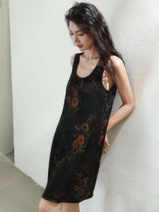 Miccbeirn | Retro Print Silk Cloud Shirt Dress Sleeveless Midi Straight Silhouette V-neck Gown Vintage Floral Patterned True Silk Vest Dress