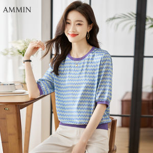 AMMIN 2023 summer new simple color matching round neck fashion vintage irregular stripe print stitching short sleeve satin T-shirt Woman Korean style sweet five-quarter sleeve geometric diamond pattern print casual comfortable elegant blouse