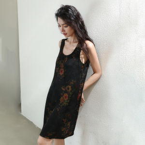 Miccbeirn | Retro Print Silk Cloud Shirt Dress Sleeveless Midi Straight Silhouette V-neck Gown Vintage Floral Patterned True Silk Vest Dress