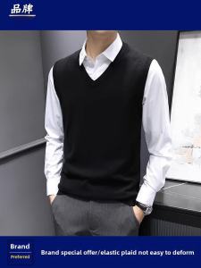 Fashion City Mens Knitted Vest Vest Autumn and Winter Sleeveless Sweater Slim Fit Waistcoat Bottoming Shirt V-neck Cotton Knitwear