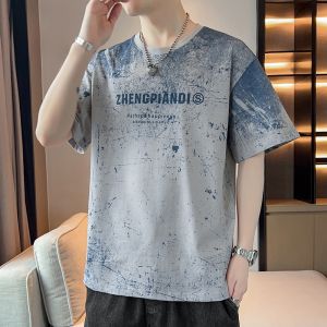 ROMON | Lormen Mens Pure Cotton Short Sleeve T-Shirt Summer Thin Print Round Neck Loose Half Sleeve Ice Silk Top Fashion Urban Casual Wear