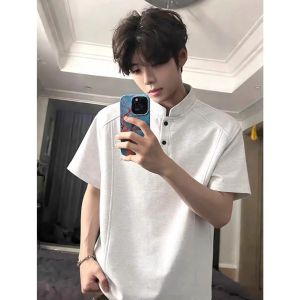OUMULONG | Embroidered Waffle Henley T-Shirt Short Sleeves