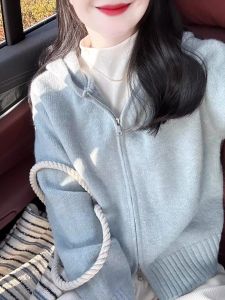 Blue Knit Hat Sweater Cardigan Loose Fit Zippered Long Sleeves for Women Spring Autumn Winter Casual Lazy Style Shirt Nige