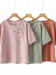 Elegant Mommy Style round Neck Short Sleeve T-Shirt Cotton Linen Embroidery Mid-aged And Elderly Size Large New Arrival Summer Wear