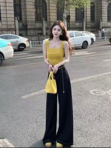 YUEZHONGWEI | French Style Square Neck Yellow Mesh Ruffle Sleeveless Blouse