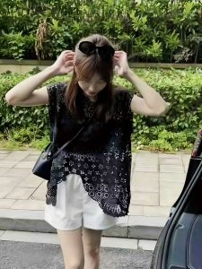 French Lace Embroidery Sleeveless Shirt Womens Summer New Loose Fit Versatile Slimming Top round Neck Thin Material Commute Style