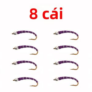 ICERIO 8 CÁI # 18 Mồi Câu Ruồi Zebra Midge Màu Tím Đầu Hạt Dành Cho Cá Hồi Cá Rô Cá Vây Xanh - Câu Cá Biển Sông Suối Bãi Biển