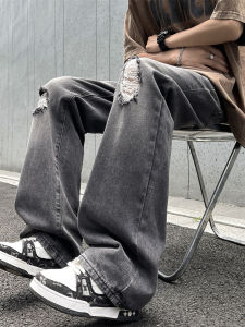 กางเกงยีนส์ทรงหลวมสำหรับผู้ชาย กางเกงขายาวทรงหลวมสไตล์สตรีทสไตล์อเมริกัน กางเกงขายาวทรงหลวมสีดำและเทาสไตล์ย้อนยุค
