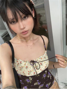 Rose Vacation Strap Vest Adjustable Backless Top with Floral Pattern by Pang You Original Design Short Length for Women