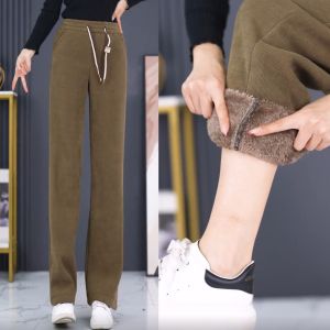 Womens Fleece Lined Thick Wide Leg Pants Slim Fit Casual Long Trousers Autumn Winter Fashionable Versatile Straight Cut