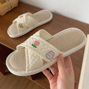 Womens Autumn Korean Ins Fashion Home Non-Slip Soft Bottom Linen Slippers All Year Round Neutral Plaid Indoor Floor Shoes