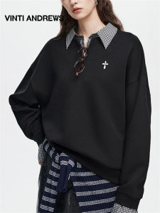 Layered Shirt Collar Hoodie College Style Loose Fit