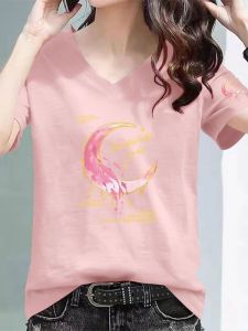 Womens Pure Cotton Short Sleeve T-Shirt V-Neck Slimming Versatile Top Design Sensation Sweatshirt Casual Style Loose Fit