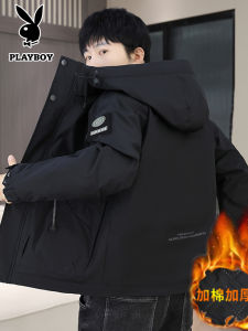 Playboy Mens Cotton Jacket Winter Warm Hooded Thin Workwear Jacket Stylish Mens Clothing Outerwear Polyester Fiber Fill