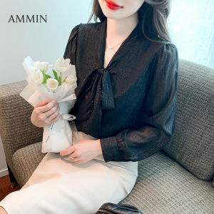 AMMIN เสื้อเบลาส์แขนยาวคอวีมีระบายเสื้อสตรีมเมอร์แฟชั่นวินเทจเสื้อชีฟองหญิงดีไซน์ผ้าไหมสดใสสไตล์เกาหลีสีทึบ2023ฤดูใบไม้ร่วง