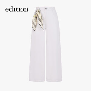 edition | Womens Cotton Linen Wide Leg White Jeans with Scarf
