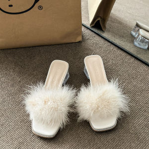 Fantasy Style Beautiful Fur Slippers Women Summer Outdoor Wear 2025 New Fashion Crystal Thick High Heel Sandals Slip-On Shoes
