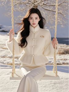 Elegant White Plaid Short Coat Womens Fashionable Chinese Style Button up Fluffy Outerwear Winter Commute Pure Electric Sales