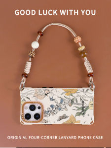 Retro Floral Phone Case for iPhone 15 pro Max Full Cover Womens Handheld Crossbody Bag with Lanyard Acrylic Protective Shell