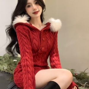 GUZILIAN | New Years Knitted Fur Mini Dress Womens French Style Spicy Retro Red Tight Fit Bodycon Short Skirt Half Open Collar Hoodie