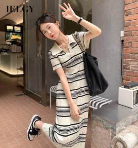 IELGY Retro striped knitted short-sleeved dress womens casual waist style
