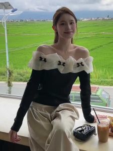 Elegant French Butterfly Knot One Shoulder Long Sleeve Womens T-shirt Autumn New Design Beautiful Small Audience Top