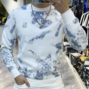 2024 Men Fashion Print Autumn and Winter Wild New Arrival Trendy Pullover round Neck Bottoming Shirt Slim Fit Slimming T-shirt