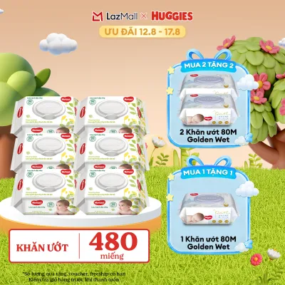 [12-17.08 GIẢM THÊM 90K] Combo 6 gói Khăn giấy ướt cho trẻ sơ sinh HUGGIES 80 miếng không mùi