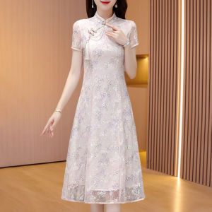 MAIMEI | New Chinese Style National Trend Improved Cheongsam Dress Summer 2025 High Waist A-Line Skirt Short Sleeve Print Midi Dress