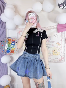 Hot Girl Stand Collar Short Sleeve T-Shirt Womens Slim Fit Design Short Top