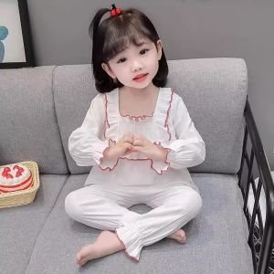 Cute Girls Long Sleeve Cardigan Cotton Pajamas Spring Autumn Winter Home Clothes Floral Trim Baby Girls Clothing Kids Size