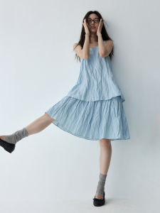 HAVERICE | Wrinkled Texture Loose Blue Tank Top and Skirt Set
