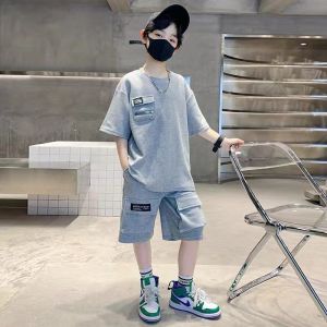 Summer Boys Sets Childrens Short Sleeved Tops Suit Kids Loose Casual 2 Piece New Cotton Outfit Teenage Clothes 5-14 Years