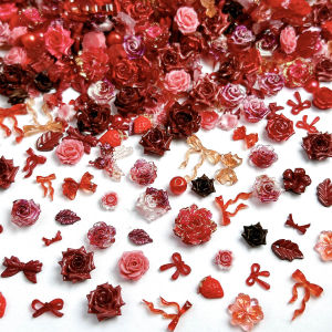 Random Mixed Creative Strawberry Leaf Resin Nail Art Decorations Multi-style Bow Flower Red Series Nail Charms DIY Rings Nails