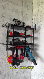 LivinEase Wall mounted Tool Organizer Rack 2/4-Tier Heavy Duty Garage Storage w/ 6-Bay Drill Holder Hooks & Solid Shelves