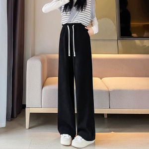 JIANGLU | Plus Size Fleece Lined Slim Fit Wide Leg Pants Women Casual Autumn Winter High Waist Straight Cut Drapey Floor Length