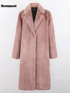 Nerazzurri Womens Long Coat Fake Rabbit Fur Jacket Winter Warm Stylish Commute Style Eco-friendly Furry Outerwear