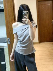 YUEZHONGWEI | French Style Asymmetric Grey Short Sleeve T-Shirt Women Summer Slim Fit Shoulder Bared Top Korean Version Commute Style