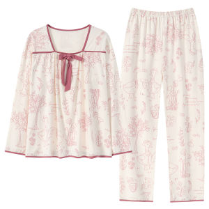 Miiow | Pure Cotton Sleepwear Womens Long Sleeve Thin Home Clothes Set With Chest Pad Spring Autumn Outwear Suitable For Outdoor